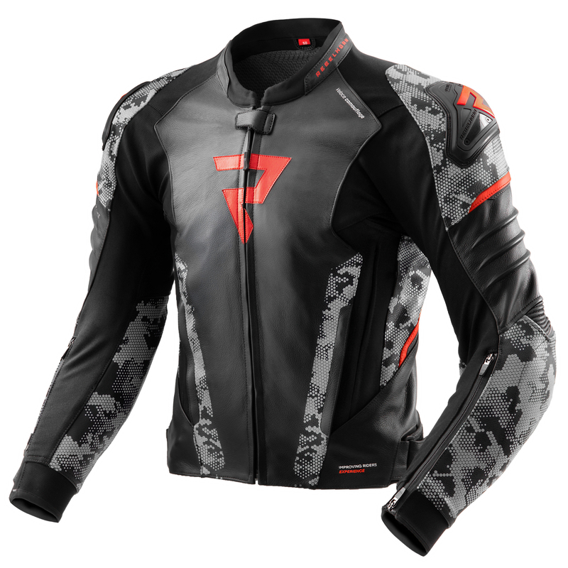 KURTKA MOTOCYKLOWA SKÓRZANA REBELHORN VELOCE CAMO BLACK GREY FLUO RED